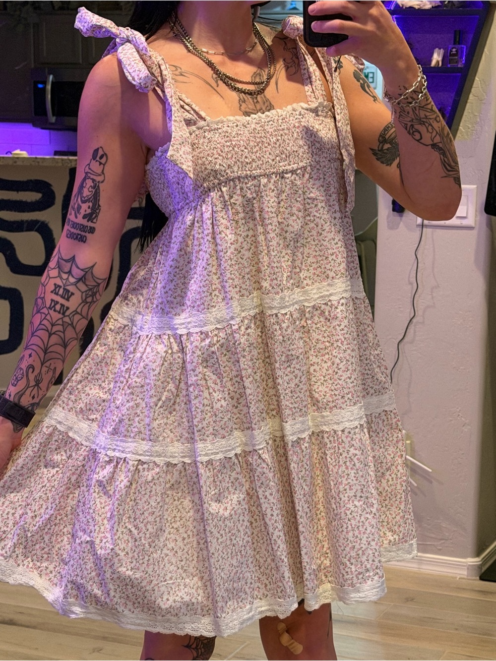 Free the Roses Pink Floral Tiered Midi Dress with Lace Trim